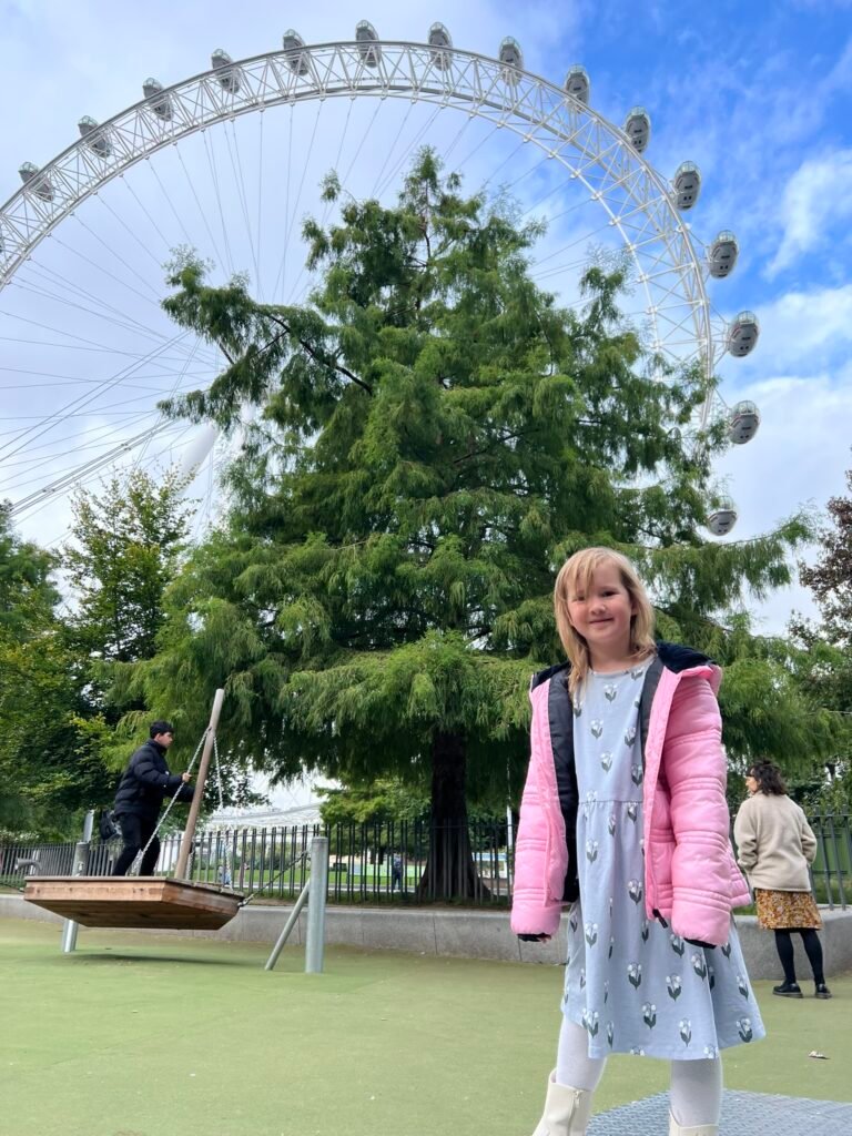 Child stood in a park in front of the London Eye